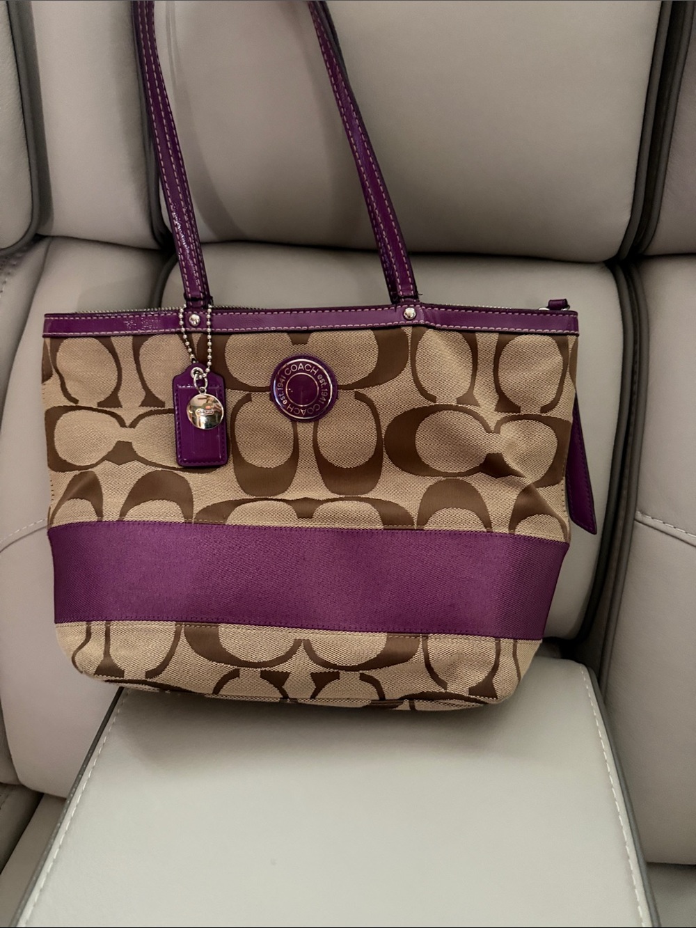 Coach Beige and Purple Signature Canvas Tote